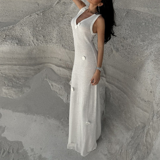 Damen Maxi-Strickkleid mit raffinierten Blumenapplikationen EB