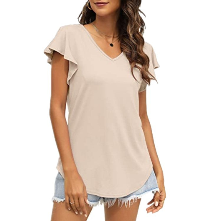 Damen V-Ausschnitt T-Shirt mit Rüschenärmeln und lässigem Schnitt EB