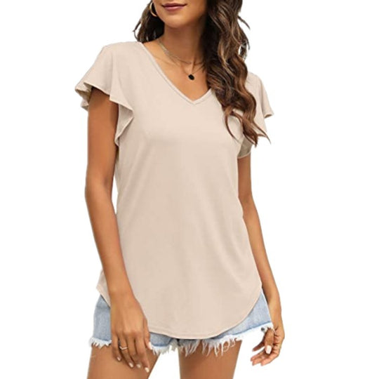 Damen V-Ausschnitt T-Shirt mit Rüschenärmeln und lässigem Schnitt EB