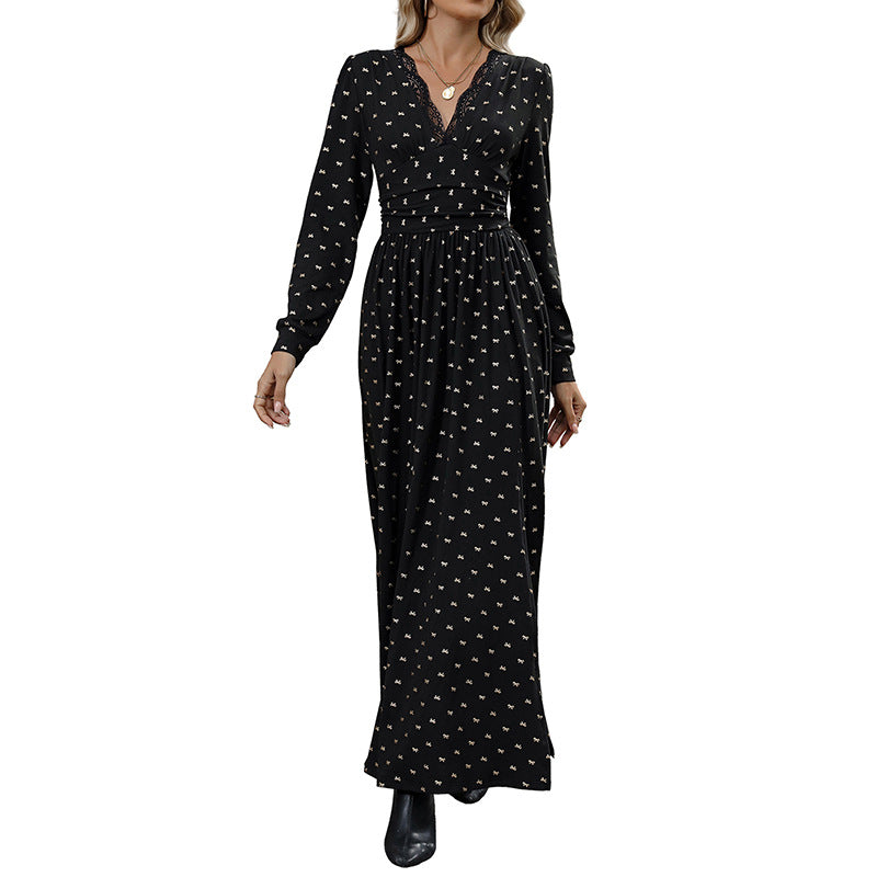 Damen Elegantes Maxi-Wickelkleid mit Spitzenbesatz, hohem Brustbund und gerafftem Volumenrock EB