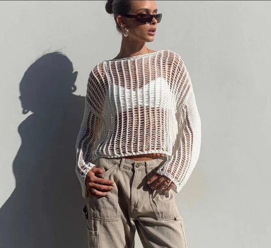 Damen luftiges Cropped Strickoberteil mit weit geschnittenen Ärmeln EB