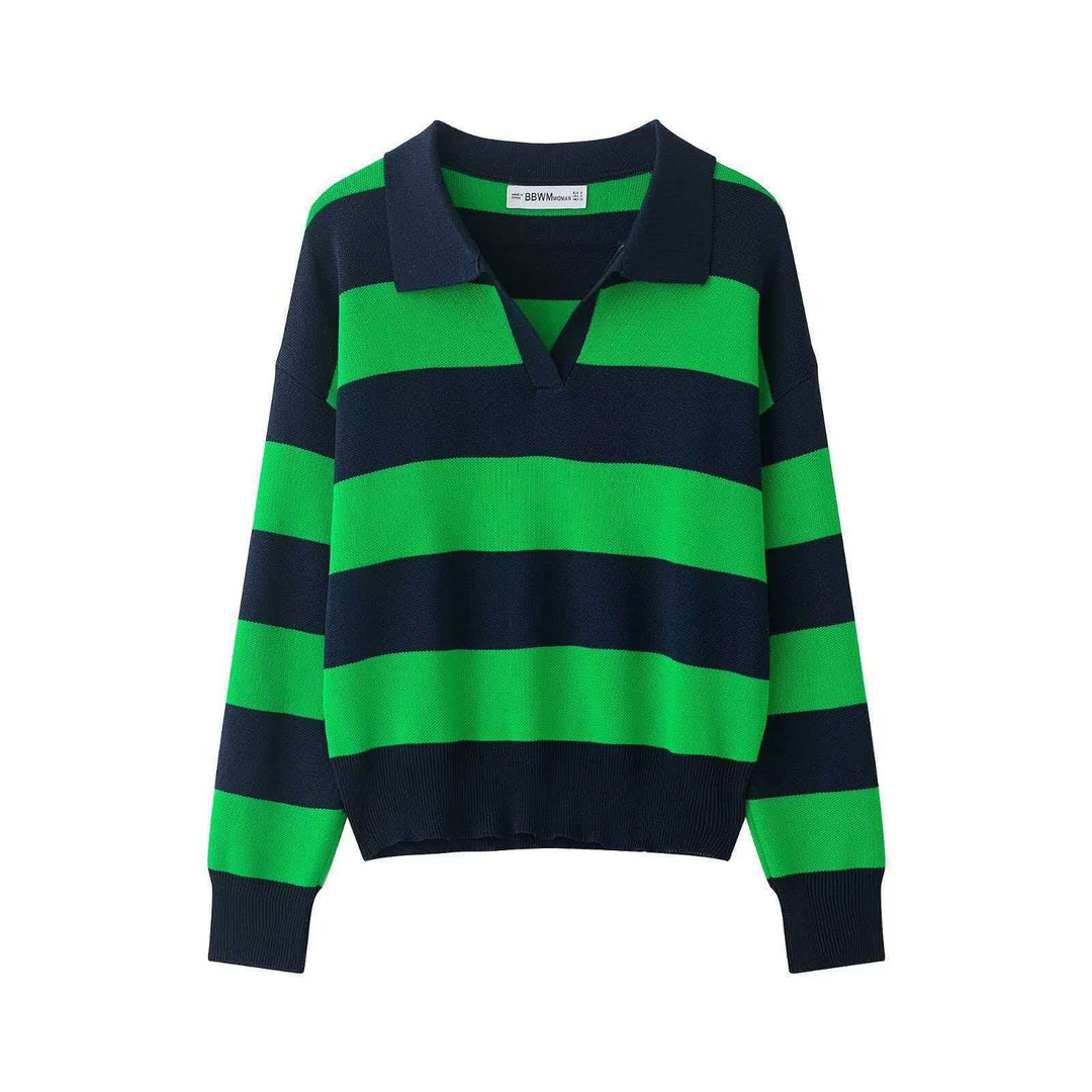 Damen nan gestreifter Rugby-Strickpullover mit Polokragen und weiter Oversize-Passform EB