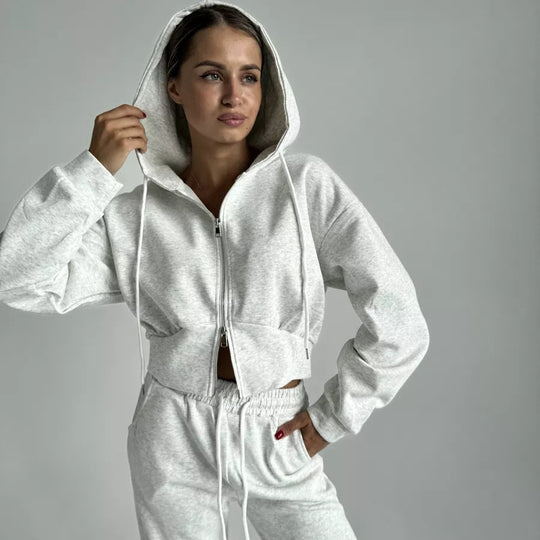 Damen Zweiteiliges Loungewear-Set mit gekürzter Zip-Kapuzenjacke und weitem High‑Waist Jogginghose EB