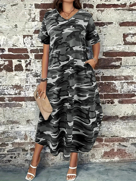 Damen Maxi-Kleid mit modernem Camouflage-Design und praktischen Taschen EB