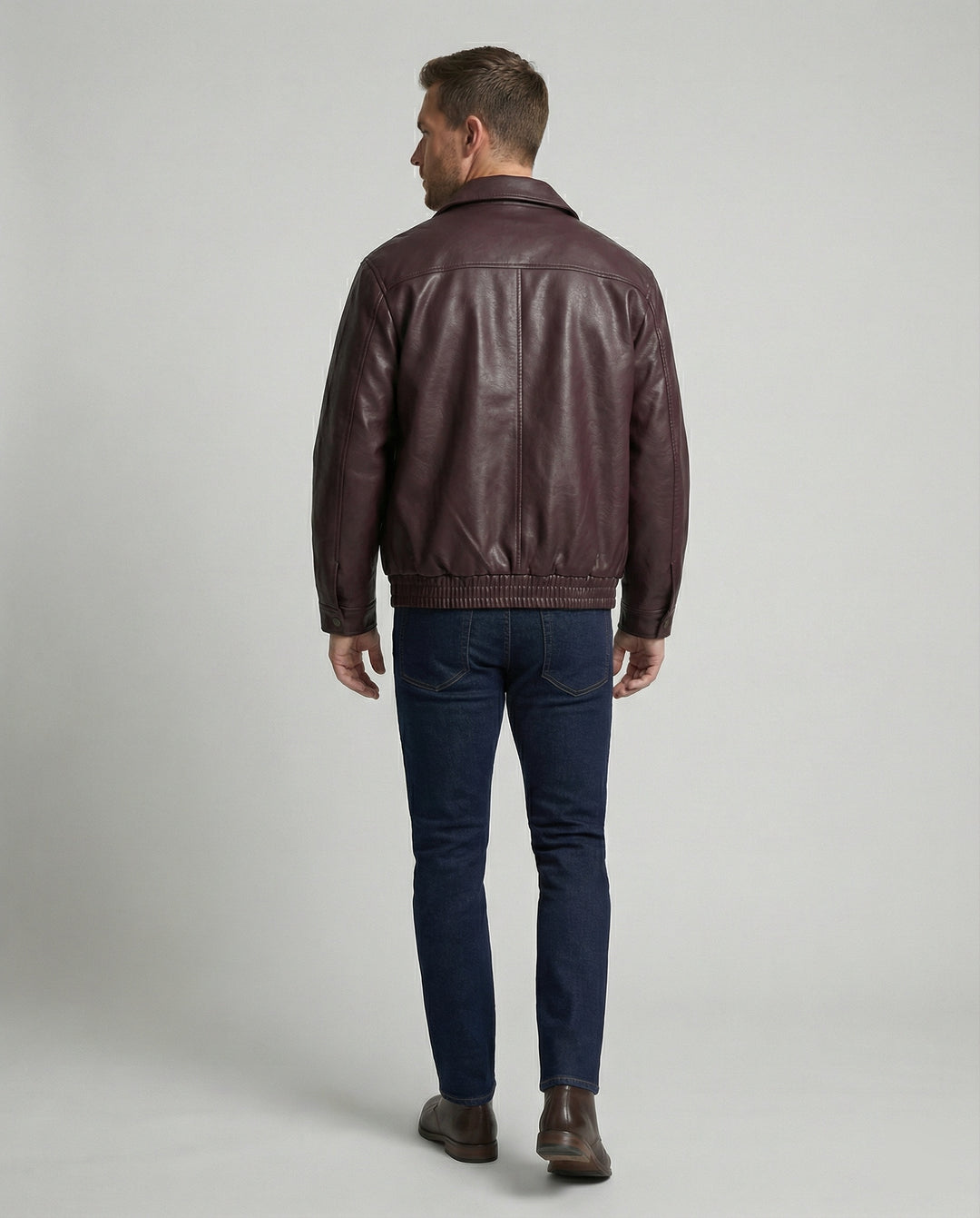 Herren oversized Lederimitat-Zipjacke mit Hemdkragen kastiger Silhouette und Einschubtaschen EB