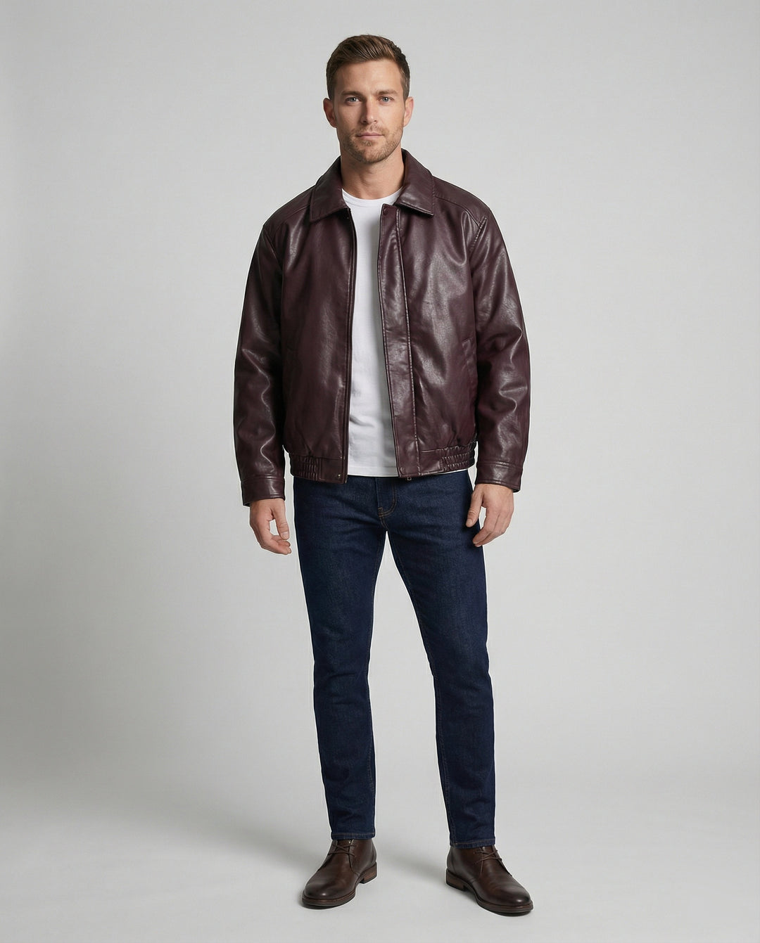 Herren oversized Lederimitat-Zipjacke mit Hemdkragen kastiger Silhouette und Einschubtaschen EB