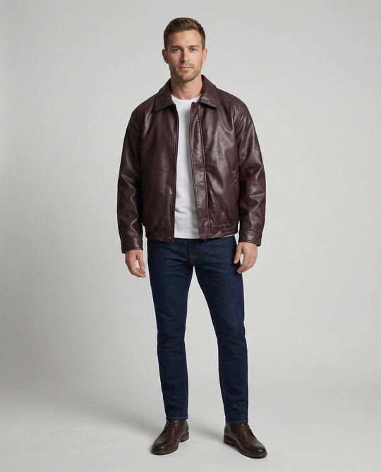 Herren oversized Lederimitat-Zipjacke mit Hemdkragen kastiger Silhouette und Einschubtaschen EB