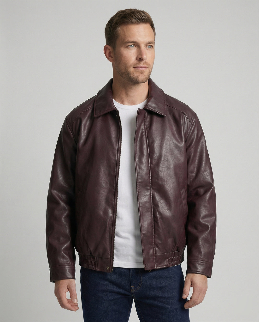 Herren oversized Lederimitat-Zipjacke mit Hemdkragen kastiger Silhouette und Einschubtaschen EB