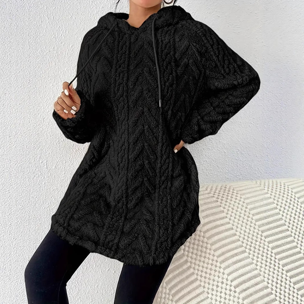 Damen nan kuschelige Kapuzenjacke aus Teddyfleece mit Zopfmuster und gerafftem Saum EB