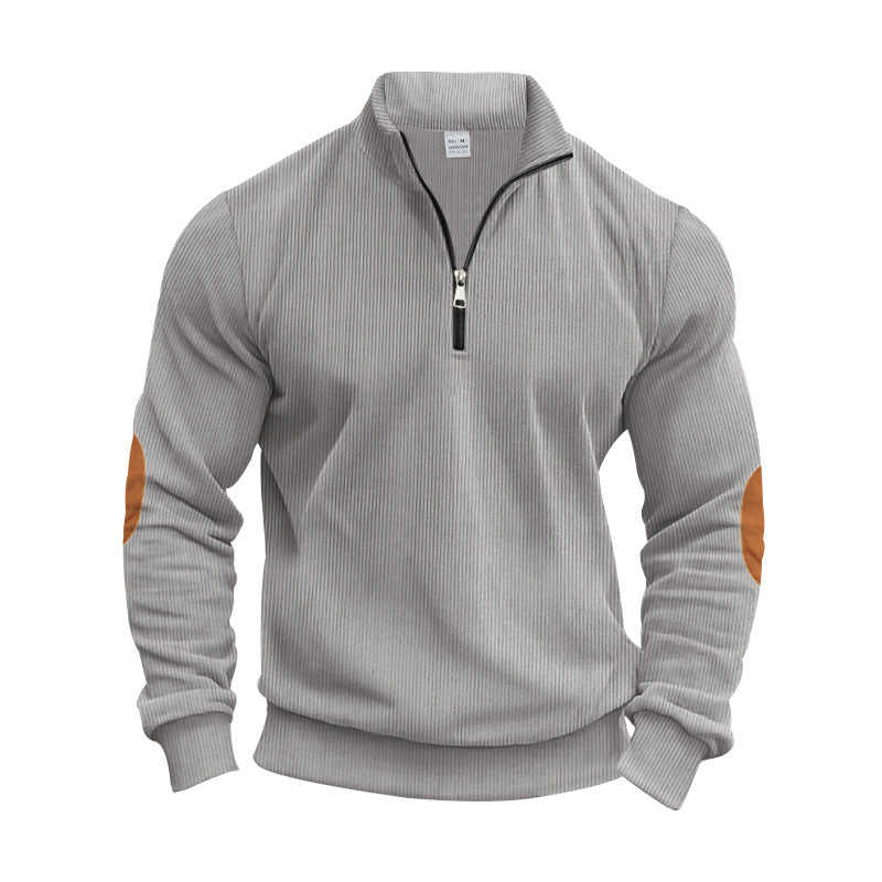 Herren nan strukturierter Baumwoll-Strickpullover mit halbem Reißverschluss und Ellenbogenbesatz EB