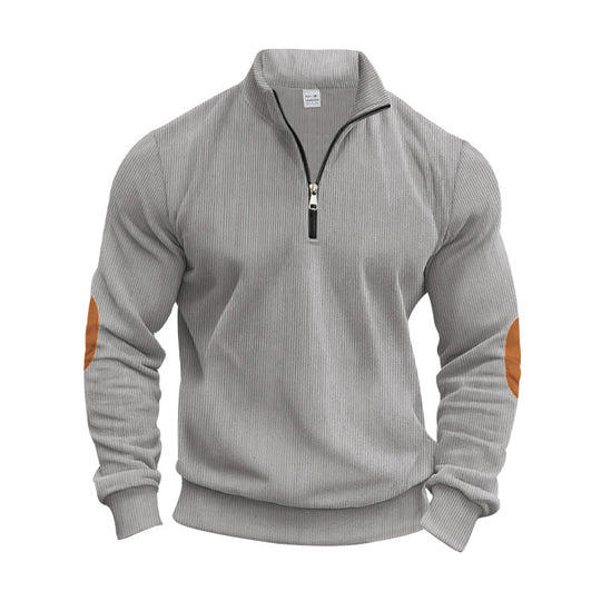 Herren nan strukturierter Baumwoll-Strickpullover mit halbem Reißverschluss und Ellenbogenbesatz EB