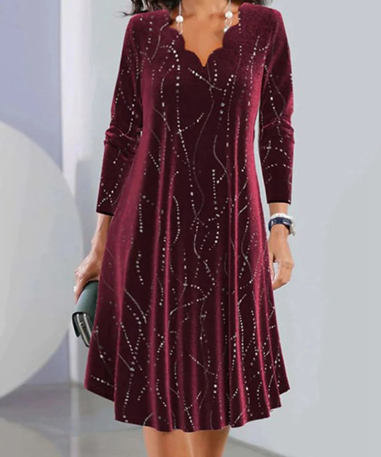 Damen nan Samt-A-Linienkleid mit geschwungenem Ausschnitt langen Ärmeln und Strassverzierung EB