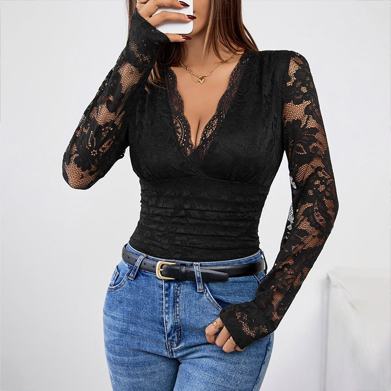 Damen Spitzenbluse mit tiefem V-Ausschnitt und langen Ärmeln EB