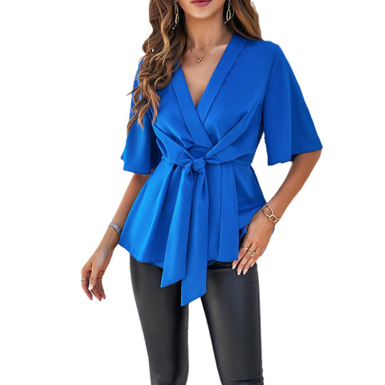 Damen Wickelbluse mit modernen Ärmeln und Knotendetail EB