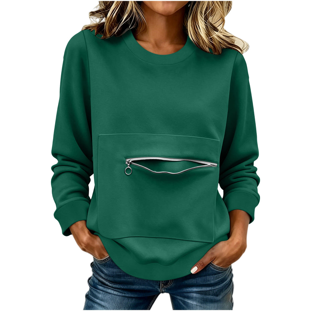 Damen nan locker geschnittenes Sweatshirt mit Frontreißverschlusstasche und Rundhalsausschnitt EB