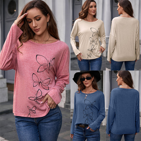 Damen lässiges Longsleeve mit Schmetterlingsdruck und weit geschnittenen Ärmeln EB