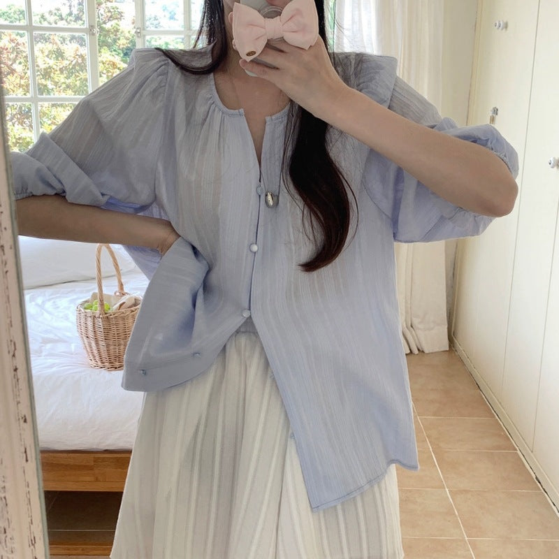 Damen Relaxed Fit Puffärmel Button-Up Bluse EB