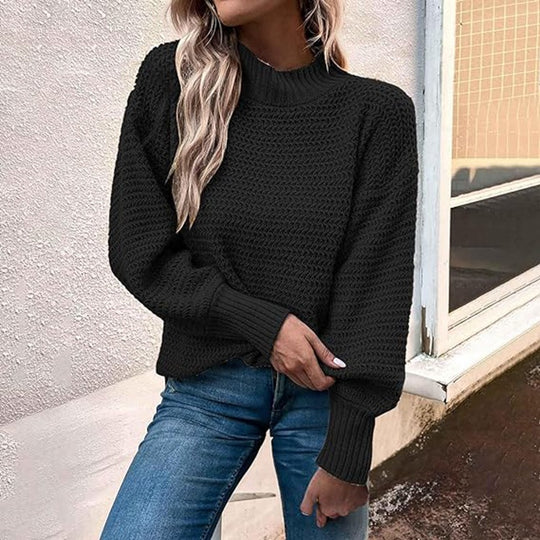 Damen modischer Strickpullover mit hohem Kragen und strukturiertem Muster EB