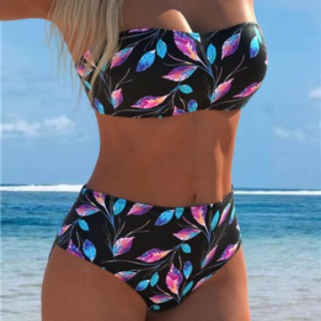 Damen Bandeau-Bikini mit hohem Taillenschnitt und kontrastierendem Blumendesign EB