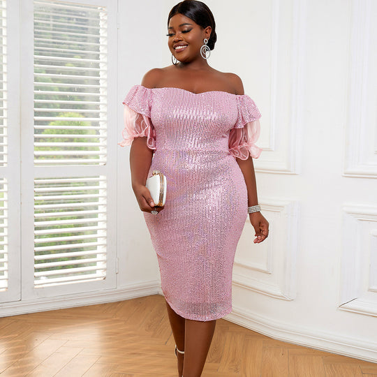 Damen Off-Shoulder Kleid mit funkelndem Paillettenüberzug und transparenten Ärmeln EB
