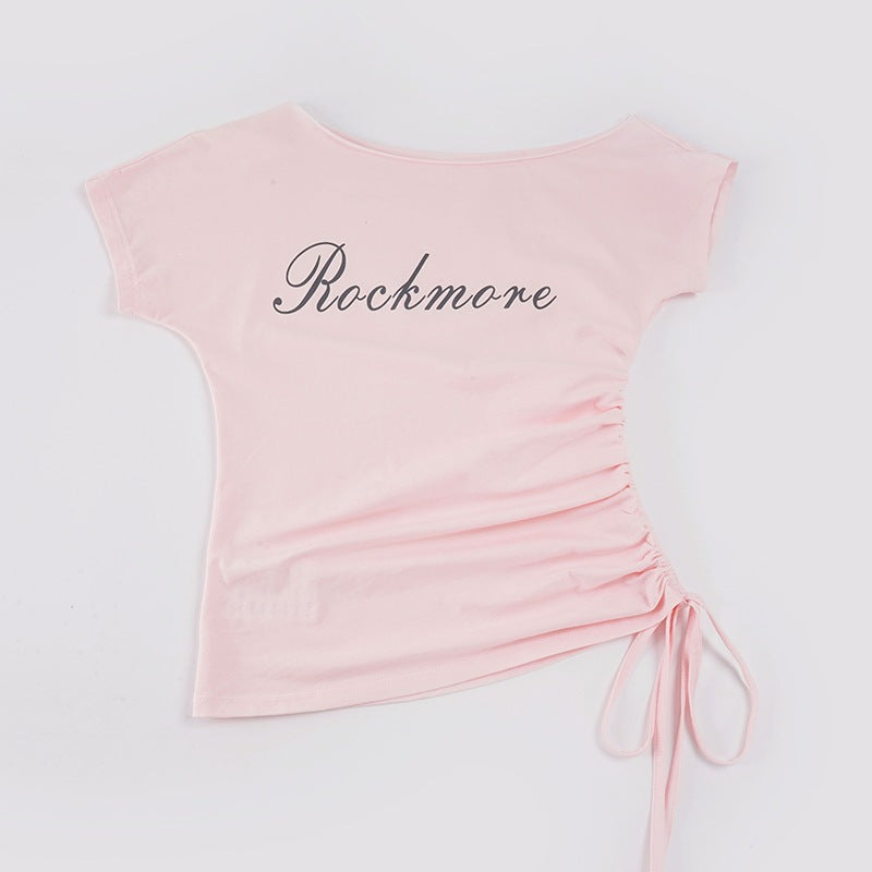 Damen Off-Shoulder T-Shirt mit Raffungen und modischem Schriftzug EB
