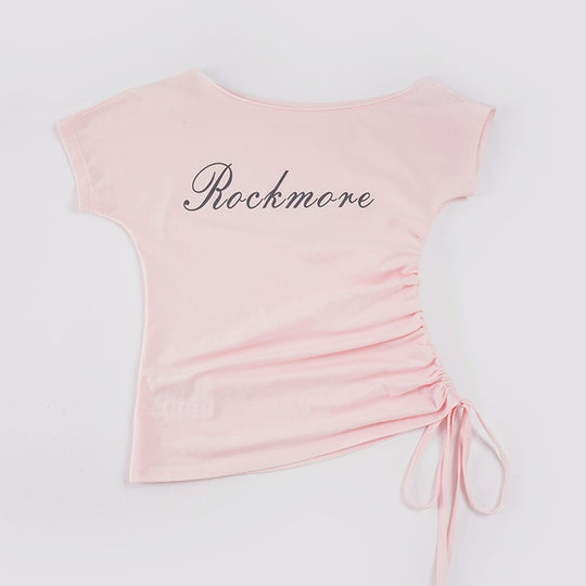 Damen Off-Shoulder T-Shirt mit Raffungen und modischem Schriftzug EB
