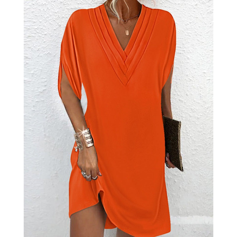 Damen elegantes V-Ausschnitt Kleid mit seitlichen Schlitzen und lässigem Schnitt EB