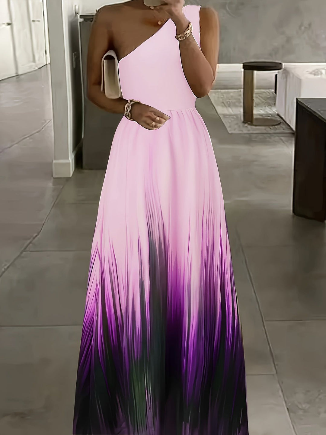 Damen Maxikleid mit asymmetrischem Schnitt und farbenfrohem Ombre-Design EB