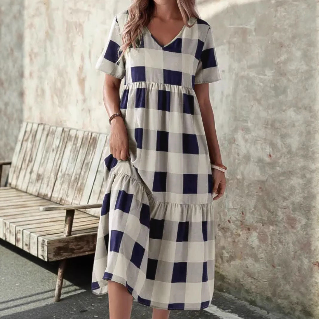 Damen Langarmkleid mit modischem Karomuster und fließendem Schnitt EB