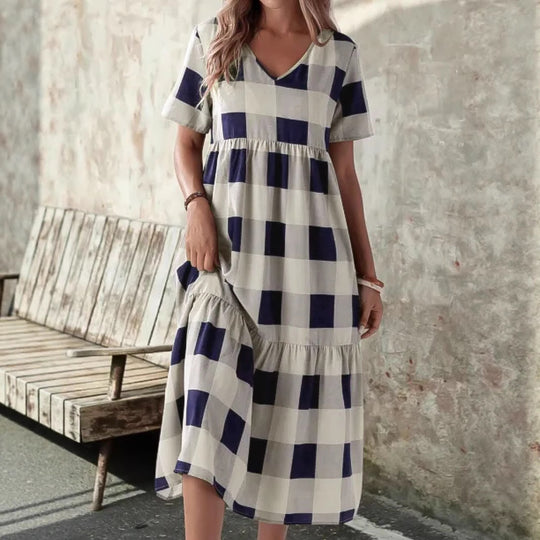 Damen Langarmkleid mit modischem Karomuster und fließendem Schnitt EB