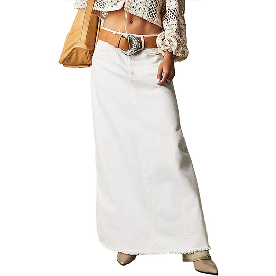 Damen Maxirock aus schwarzem Denim mit seitlichen Taschen und lässigem Schnitt EB