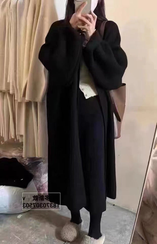 EB | Strickjacke Mantel Übergröße Passform Wollstrick Offene Vorderseite Knöchellänge