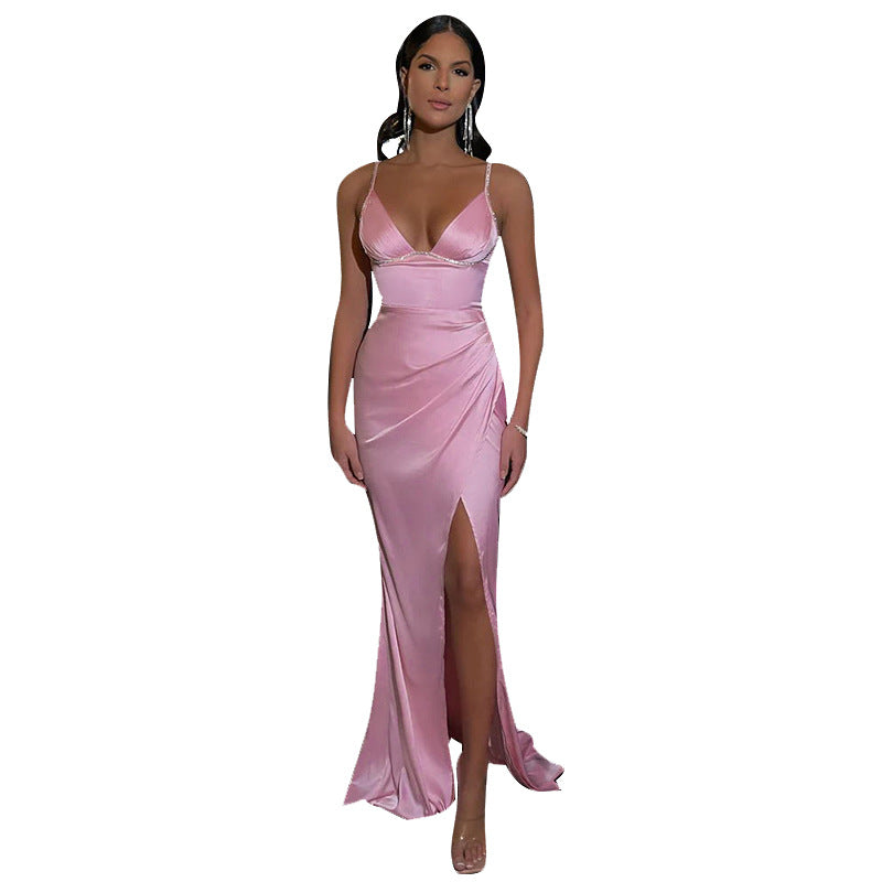 Damen Elegantes Satin-Maxikleid mit schmalem Schnitt und verführerischem V-Ausschnitt EB