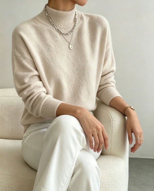 Damen kuscheliger Feinstrickpullover mit Stehkragen und überschnittener Schulter EB