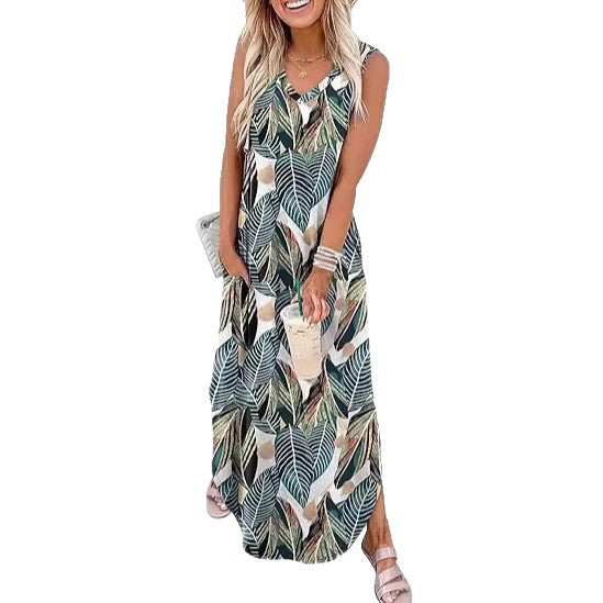 Damen Maxi-Kleid mit modernem V-Ausschnitt und praktischem Taschendesign EB