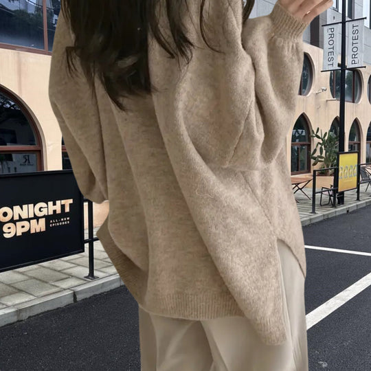 Damen Oversized Strickpullover mit weichem Fleece-Material und modernen Schnittelementen EB