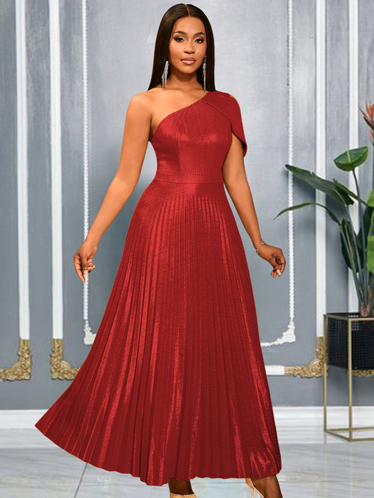 Damen Elegantes Maxi-Kleid mit asymmetrischem Schulterdesign und schimmerndem Plisseestoff EB