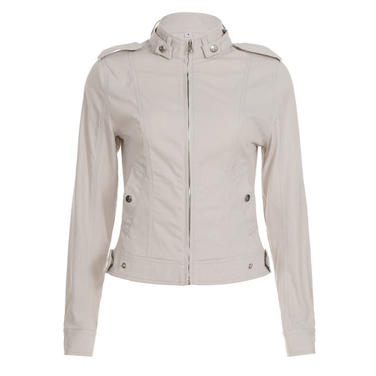 Damen nan taillierte Kurzjacke mit Stehkragen, Epauletten, Taillenriegeln und durchgehendem Reißverschluss EB