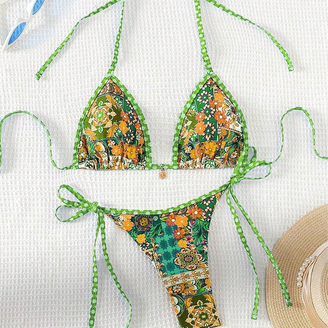 Damen Triangel-Bikini mit buntem floralen Mustermix und verstellbaren Trägern EB