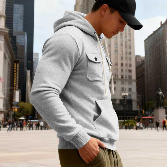 Herren Kapuzenpullover mit Brustklappentasche, Kängurutasche & Rippbündchen EB