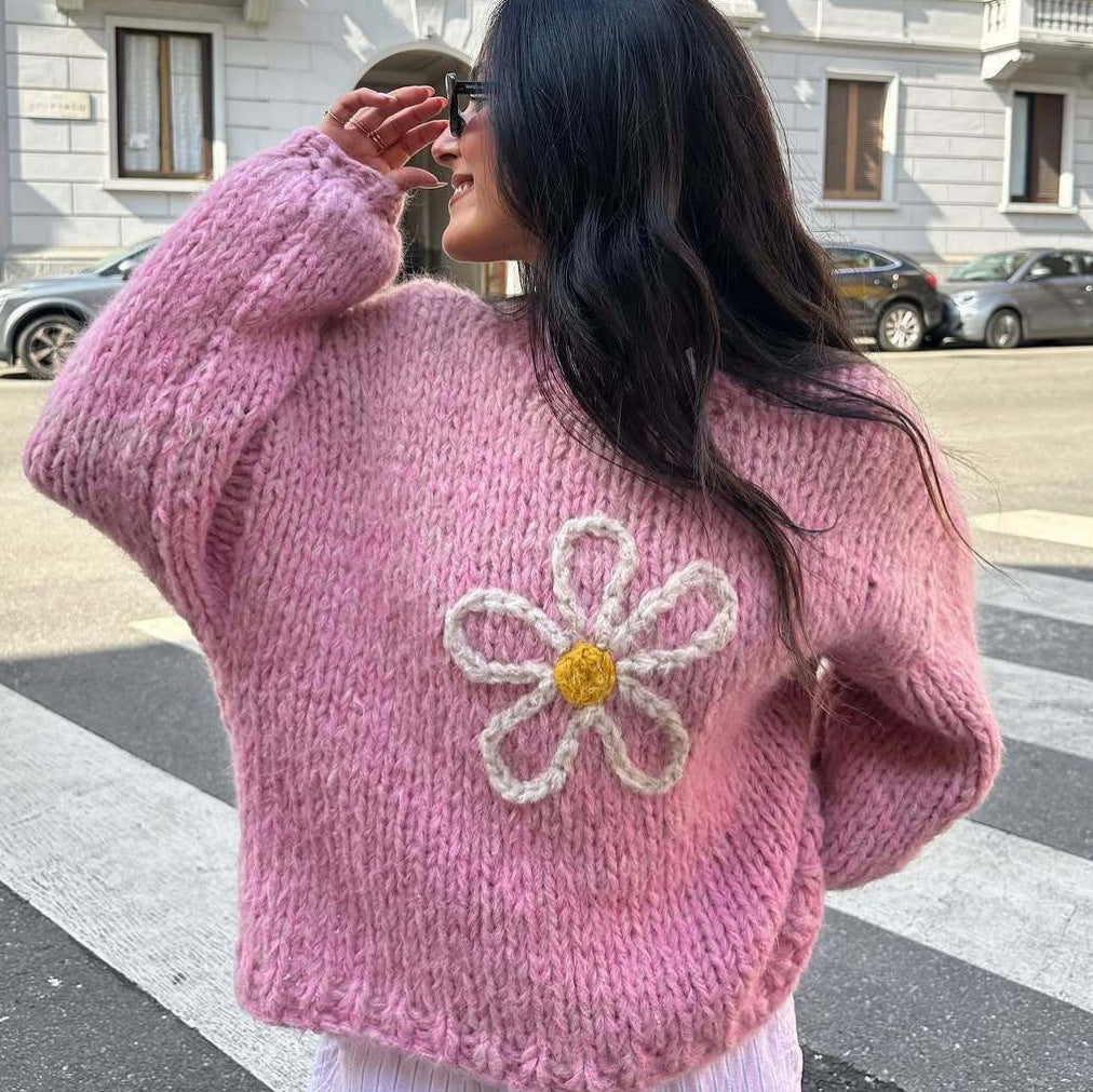 Damen lässiger Strickpullover mit floralem Motiv und oversized Schnitt EB