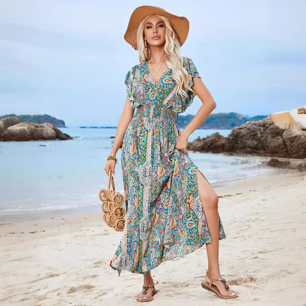 Damen Maxikleid mit verspieltem Mustermix und Rüschendetails EB
