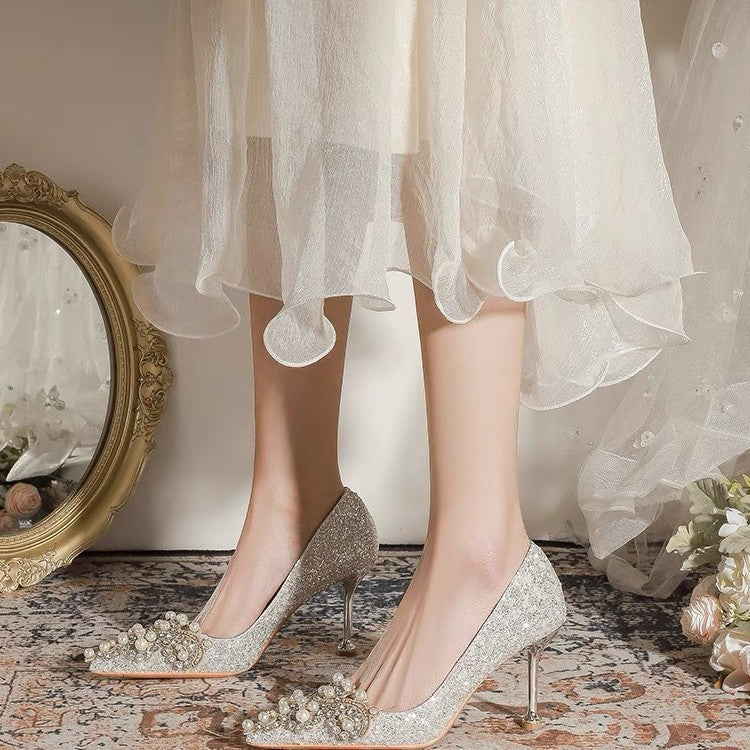 Damen Glamouröse Pumps mit strassbesetzten Perlenverzierungen EB