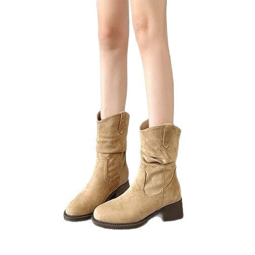 Damen Stiefeletten mit lässigem Falten-Design und komfortablem Blockabsatz EB