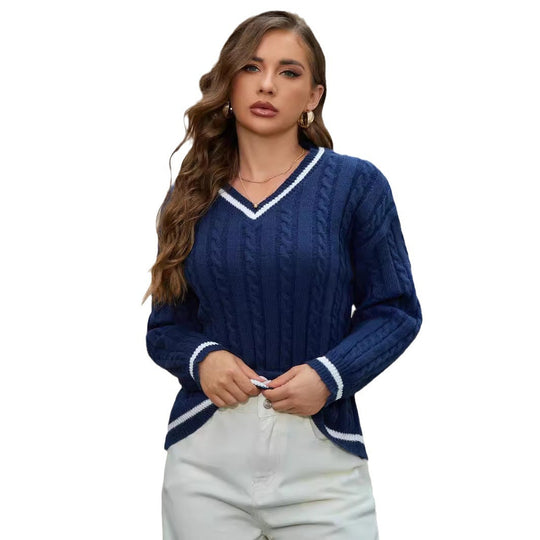 Damen Strickpullover mit V-Ausschnitt und klassischem Zopfdesign EB