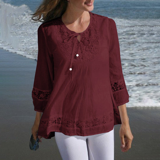 Damen Lässige Tunika-Bluse mit Häkelspitze, Bindekragen und dreiviertel Ärmeln EB
