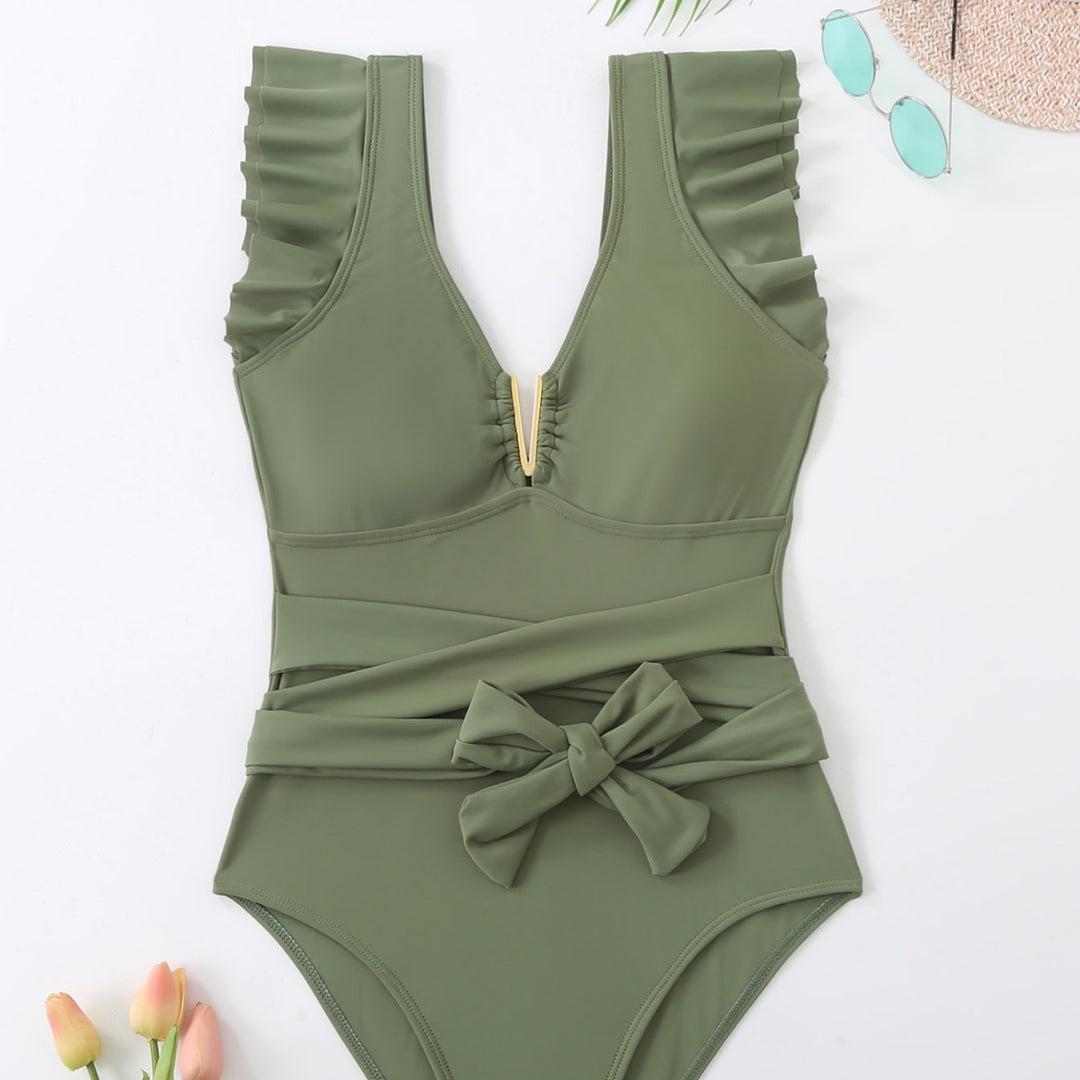 Damen Eleganter Einteiler Badeanzug mit Rüschen und Bindegürtel EB