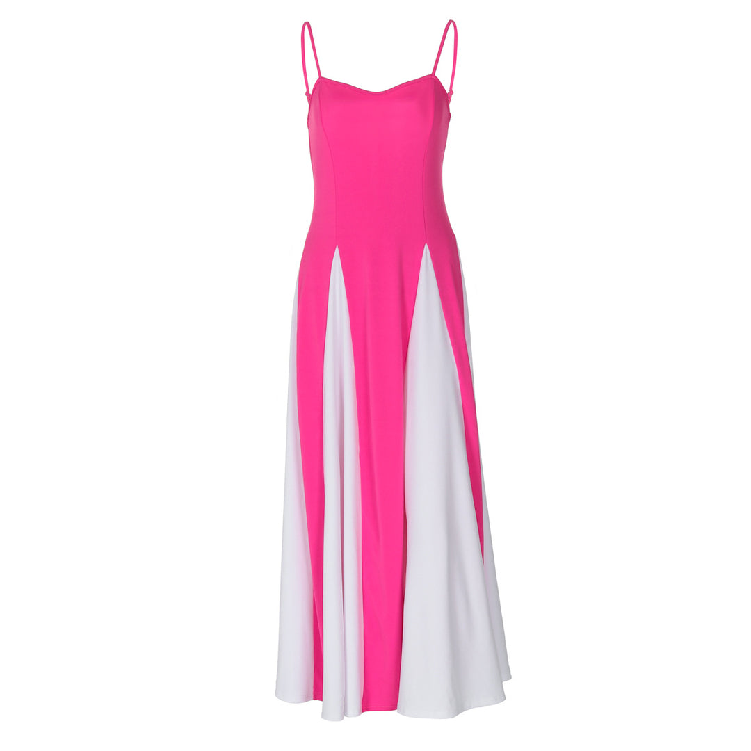 Damen Elegantes Maxikleid mit diagonalen Farbakzenten und schmalen Spaghettiträgern EB