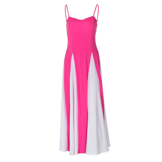 Damen Elegantes Maxikleid mit diagonalen Farbakzenten und schmalen Spaghettiträgern EB
