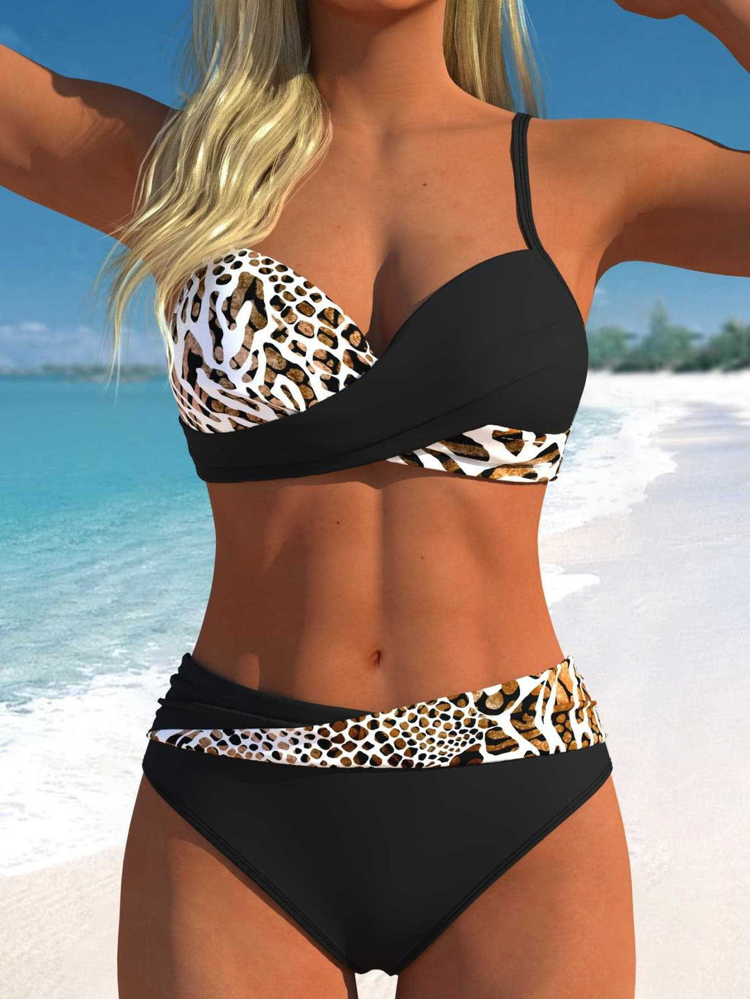 Damen Wickelbikini-Set mit animalischem Muster und hoher Taille EB